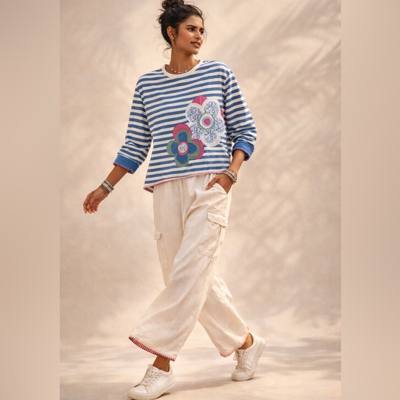 Boho Striped Floral Patch Top Oversized Ice Blue White Raw Edge Hand Stitch M/L - Picture 5 of 12